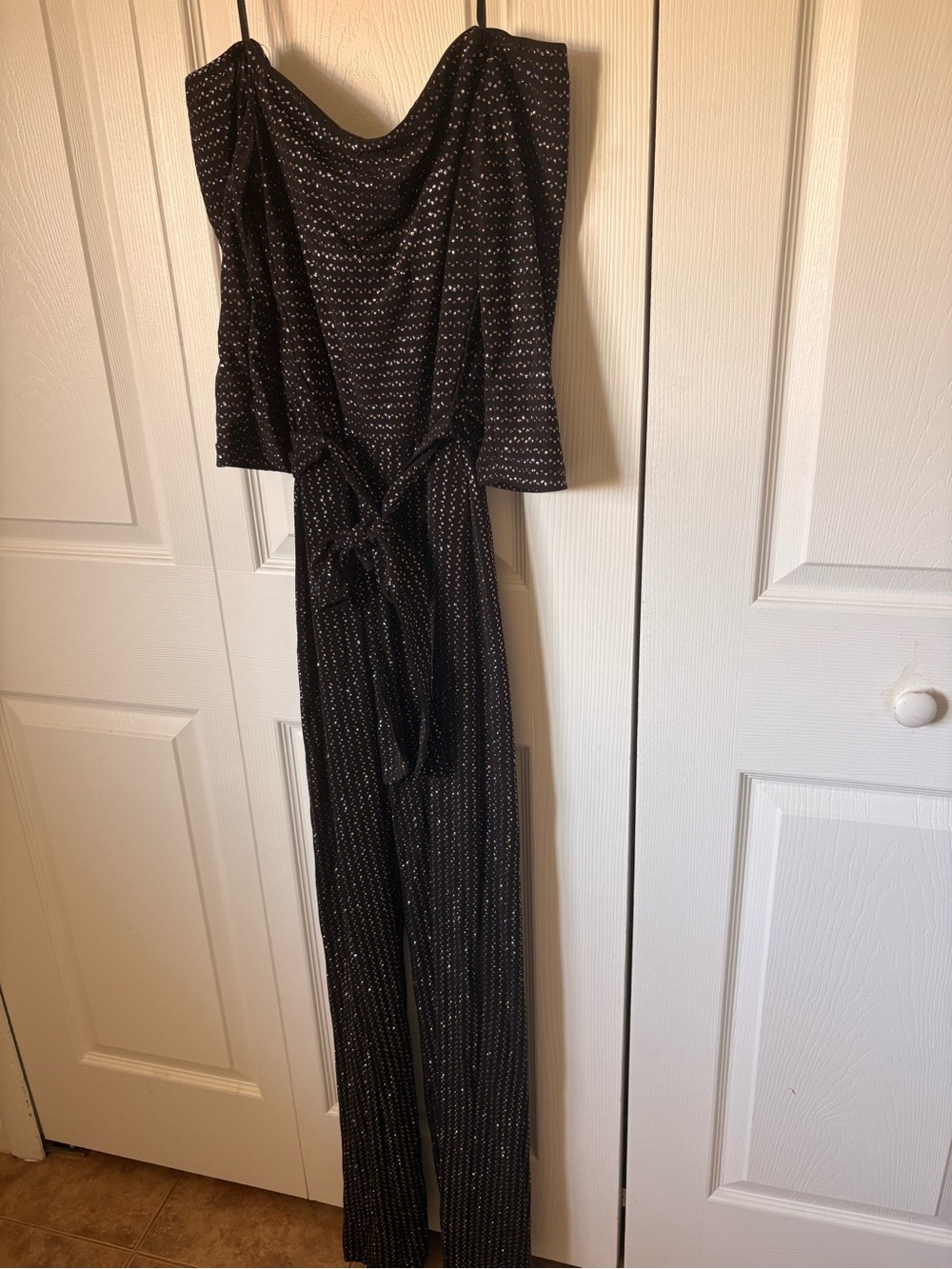 Black Glitter Stripe Jumpsuit with Self-Tie Waist